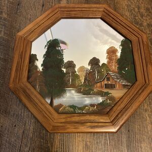 Vintage Beautiful Hand Painted Mirror Nature Scene Cabin Mountains Woods Cottage